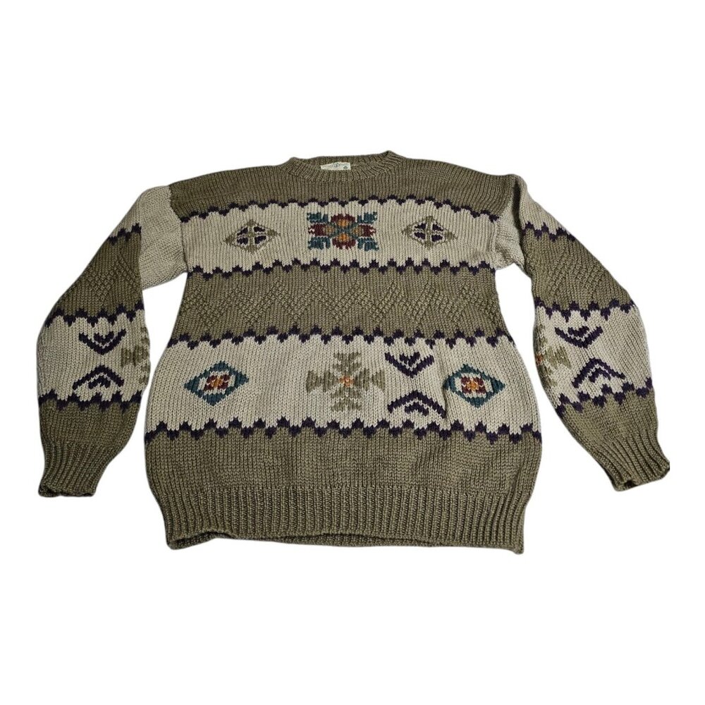 Vintage‎ Oxford Brand Men's Sweater Sz M 100% Wool Olive Green Geometric